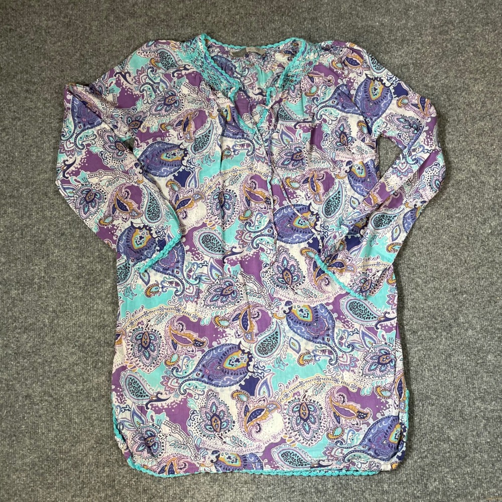 Athleta Tunic Top Womens XS Purple Teal Paisley Crochet Trim Beach Coverup Vacay